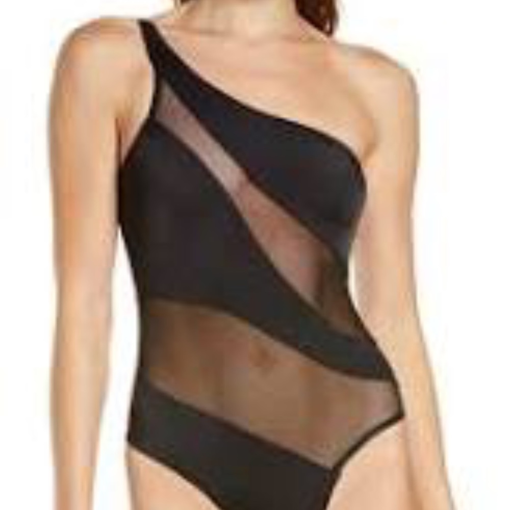 NEW NWOT Snake Mesh One Shoulder Swimsuit. Vegan Leather. Black. Size 10.